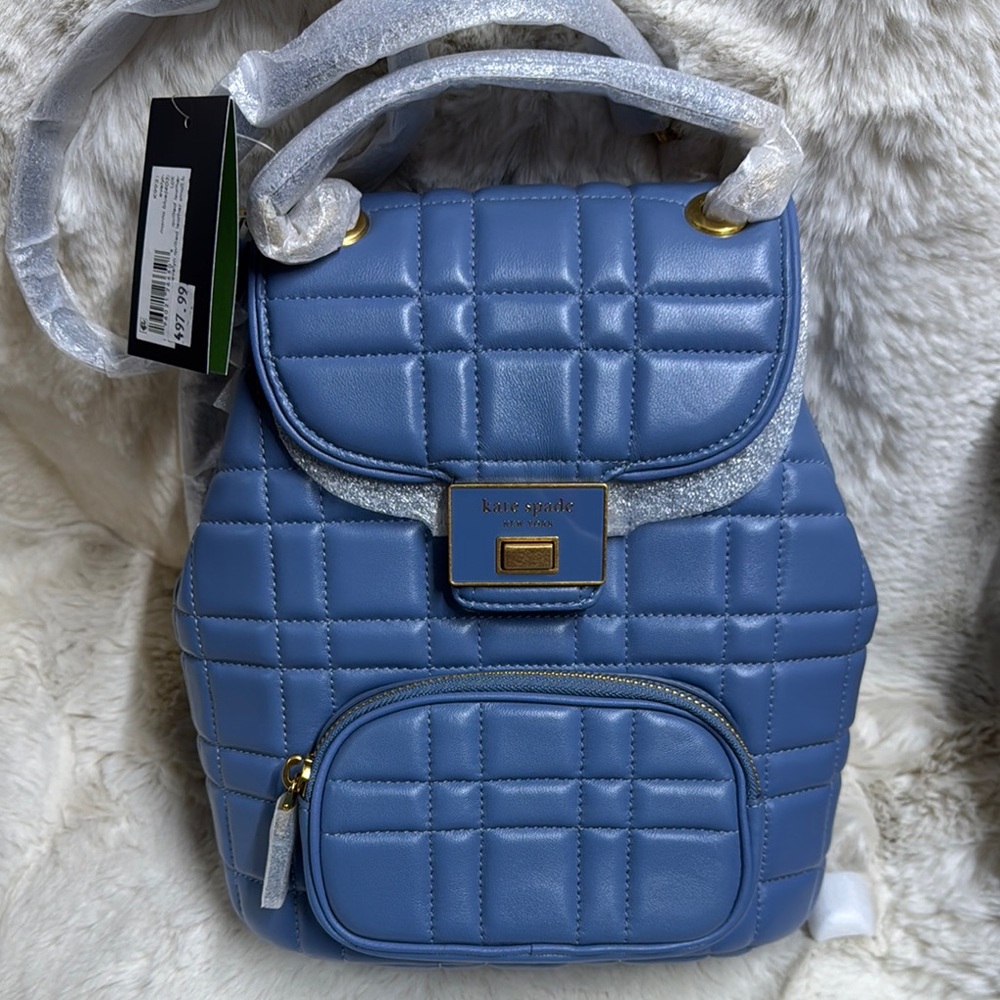 Kate Spade Blue Quilted Backpack with Silver Hardware